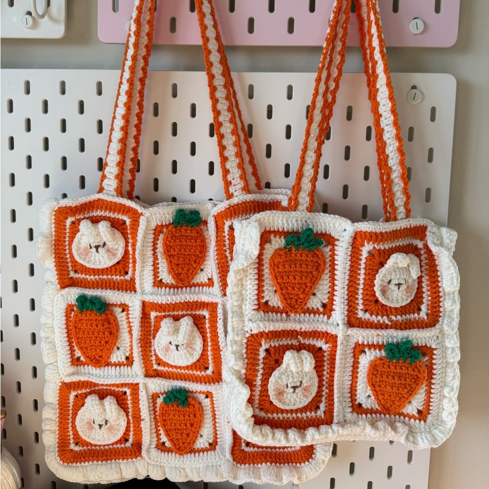 Handcrafted Orange&White Rabbit🐰&Carrot🥕Crochet Tote Bag Set - Large+Small